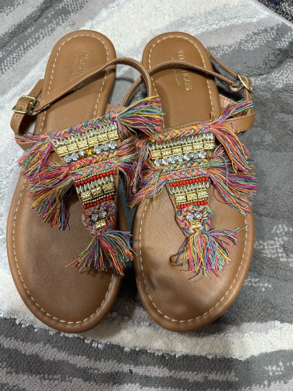 Maurice’s Multicolor Tassel Embellished Brown Women's Sandals boho tribal size 8